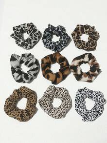 9 piezas de Scrunchies de tela con estampado de leopardo clásico para mujeres, lazos elásticos para coleta, accesorios para el cabello de estilo bohemio playero y fresco de verano - Multicolor - Ver 2