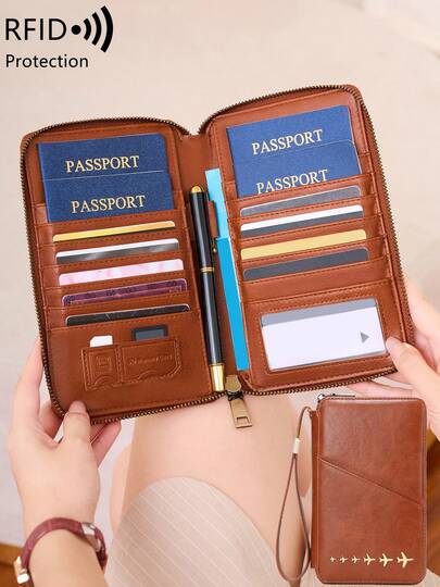 MIYIN Nuevo Portapassaporte con bloqueo RFID, unisex, para múltiples pasaportes, organizador de documentos de viaje, cartera larga de pasaporte con cremallera con diseño de avión, portapassaporte multifuncional para familia, con correa desmontable para la muñeca, regalo del Día de San Valentín, funda para pasaporte para esposa o novia, bolsa de pasaporte de viaje, accesorio de viaje ligero e impermeable, ideal para cruceros y vacaciones, unisex
