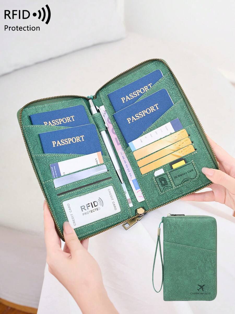 CHARM INFINITE New RFID Blocking Passport Holder, Can Hold Multiple Passports, Travel Document Organizer, Soft Material Zipper Long Passport Wallet, Detachable Wrist Strap, Valentine's Day Gift, Essential Travel Accessory For Wife Or Girlfriend, Suitable For Vacation, Women Family Travel Passport Cover/Wallet - Green - View 1