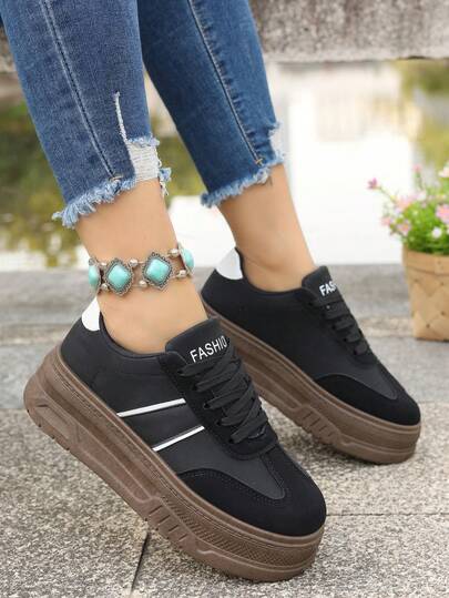 女士休闲运动鞋，轻便百搭户外训练鞋，时尚厚底舒适日常休闲鞋，圆头系带经典款