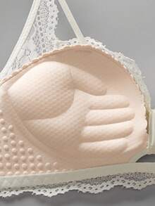 女士粉色新款性感蕾丝文胸，提拉、防下垂、镂空、聚拢、加垫、工字背钢圈文胸 [适合娇小胸型] - 粉色 - 查看 4
