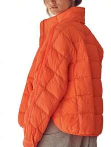 Womens Fashion Short Oversized Puffer Jacket Lightweight Water Resistant Packable Winter Coat - trái cam - Xem 3