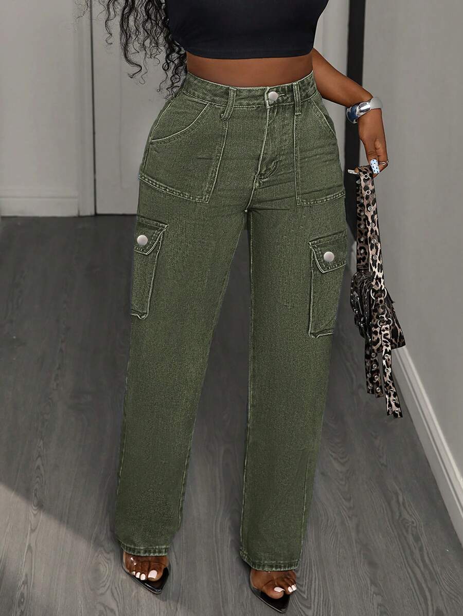Doing Old Washed Deconstructed Torn Wide-Leg Street Style Boyfriend Style Straight Splicing Sense Of Destruction Straight Wide-Leg Pants - Army Green - View 1