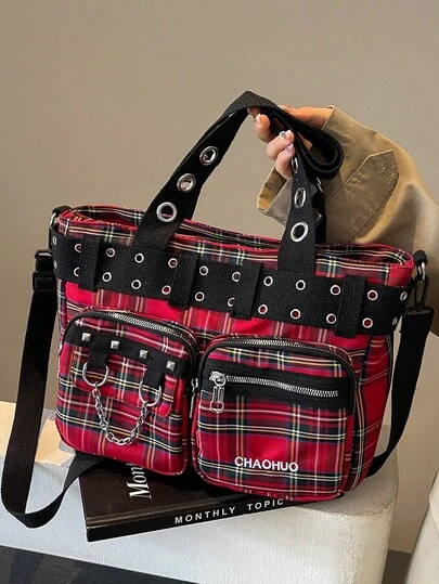 Vintage Checkered Large Capacity Tote Bag, Hot Girls Cool Punk Y2K Shoulder Bag, Women's Rivet Embellished Crossbody & Handbags, Versatile Multiple Pockets Solid Color Outdoor Travel Satchel Bag, Casual Daily Commuting Shopping Messenger Bags