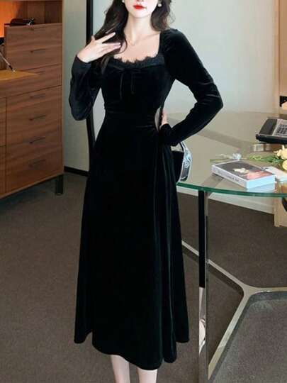 Vestido formal de mujer de inspiración francesa para otoño/invierno Exquisito vestido midi de terciopelo negro de inspiración vintage vestidos de invierno mujer