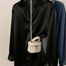 Women's Satin Shirt, Business Casual Button-Down Blouse With Notch Lapel, Elegant Office & Lounge Top For Fall Winter Spring - màu đen - Xem 10
