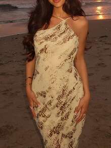 Elegant Asymmetrical Shoulder Spaghetti Strap Dress, New Summer Women's Fashion, Minimalist And Chic, Backless Design, Casual And Versatile Long Dress. Graceful Sleeveless Summer Dress, Suitable For Women's Commute, Casual And Elegant, Suitable For Commute, Party, Beach And Other Occasions. Graceful Women's Dress, Suitable For Various Occasions. Vacation Outfits For Women - Khaki - View 7