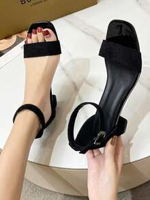 女士黑色粗跟凉鞋，学生百搭露趾罗马高跟鞋 - 黑色 - 查看 5