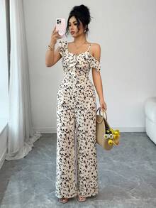 Women's Elegant Commuting Jumpsuits With Full-Body Prints, Ruffled Lace, Ruffled Hems, Cut-Out Details And Asymmetrical Straps, Suitable For Daily Wear, Gatherings, Spring, Summer And Valentine's Day - Multicolor - View 1