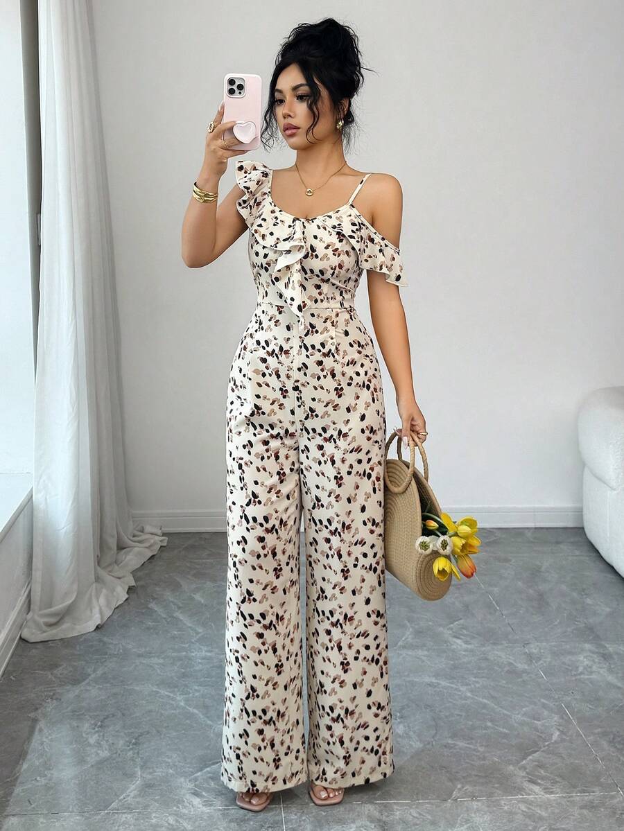 Women's Elegant Commuting Jumpsuits With Full-Body Prints, Ruffled Lace, Ruffled Hems, Cut-Out Details And Asymmetrical Straps, Suitable For Daily Wear, Gatherings, Spring, Summer And Valentine's Day - Multicolor - View 1
