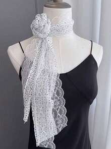 1pc White Polka Dot Lace Long Tie Neck Jewelry Summer With Thin Narrow Hairband Vintage Lace Lace Polka Dot Long Silk Scarf Women Spring Summer Fashionable Tie Decorative Neck Neck Scarf Fluttering Tape For Dress - White - View 4