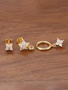 3PCS Light Luxury Exquisite Fashion Zirconia Flower Stud Earrings Set For Women 18K Gold Plated Small Snowflake Pendant Earring Engagement Birthday Jewelry Gift - 3pcs for One Ear - View 4