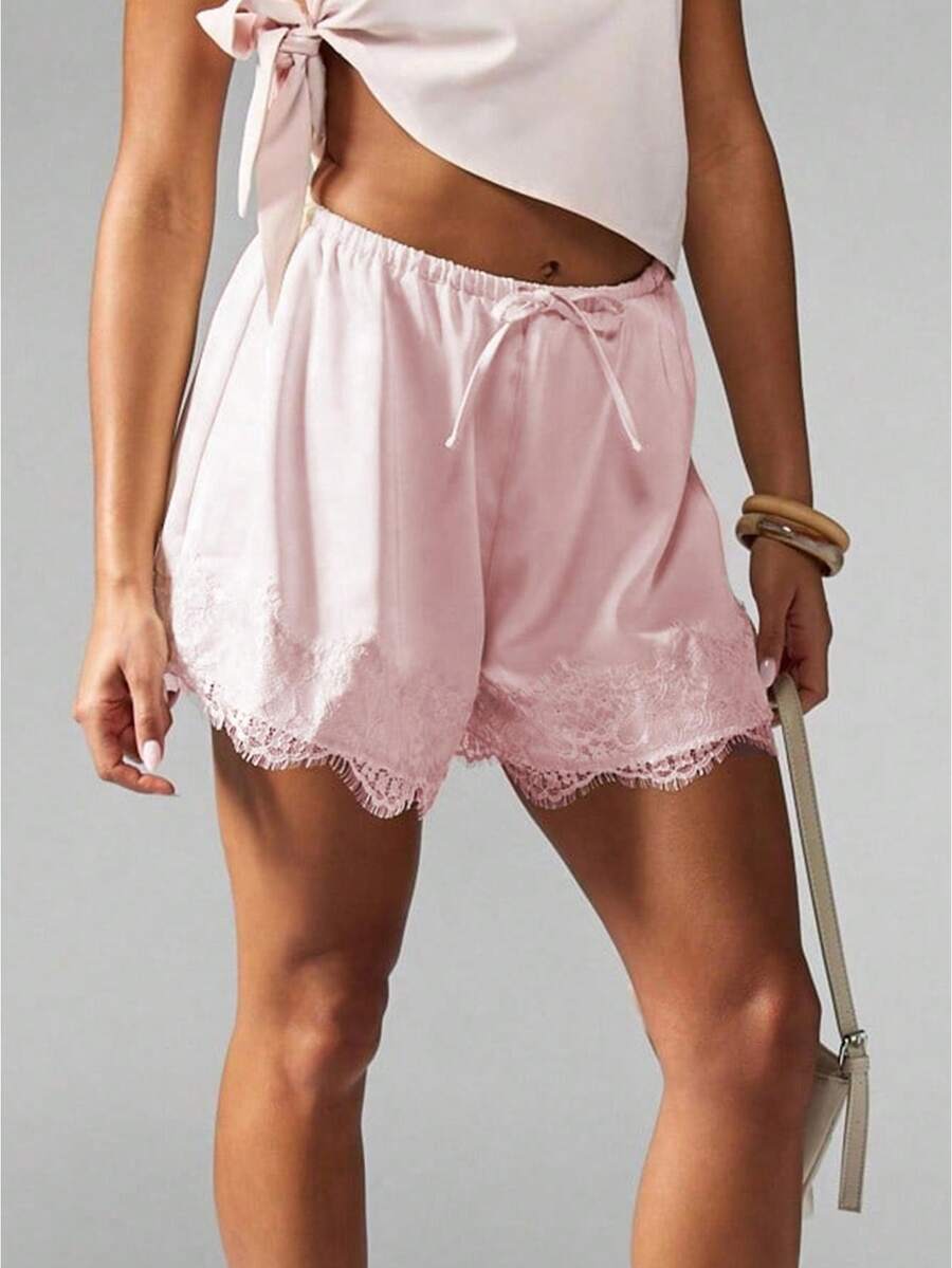 Women Drawstring Shorts Casual Loose Fit Stylish Solid Lace Trim Mid Rise Shorts - Rosa - Ver 1