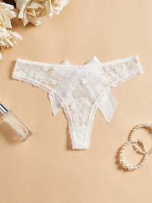 1pc Women's Sexy Lace Thong Panty With Big Bow - White - View 3