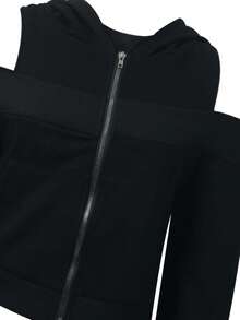 韩版露肩拉链连帽卫衣，宽松显瘦休闲百搭外套，秋冬款 - 黑色 - 查看 8