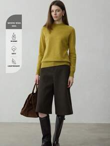 100% Merino Wool Solid Color Turtleneck Sweater, Women's Warm Pullover, Basic Top For Autumn/Winter, Suitable For Christmas, Thanksgiving, New Year - Mustard Yellow - View 5