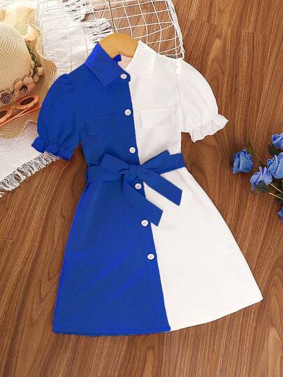 Left Mama 女童可爱简约泡泡袖撞色衬衫领迷你连衣裙，夏季