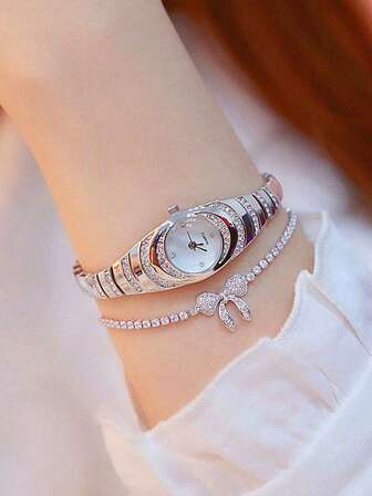 2 件套时尚商务多功能奢华水钻镶嵌优雅石英手表，母亲节礼物套装