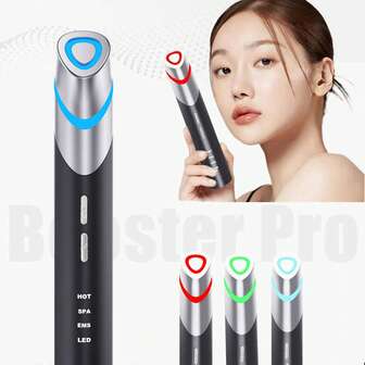 四合一微电流面部按摩器面部焕发光彩助推器专业版 - 3 色 LED 光疗加热 EMS 振动焕肤棒护肤工具，适合女性家庭使用，增强吸收，使皮肤纹理更光滑，亮度和弹性与光泽，优质韩国护肤品，USB 可充电家用美容仪，适用于面部颈部眼睛，适合所有皮肤类型