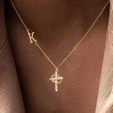 1pc Fashion Classic Initial Crown Cross Pendant Golden Stainless Steel Chain Necklaces For Women - Yellow Gold - View 1