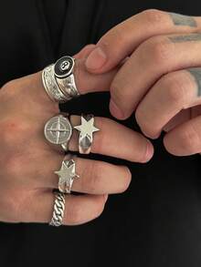 6pcs Fashionable Punk Style Star Rings Set, Casual Daily Wear For Men