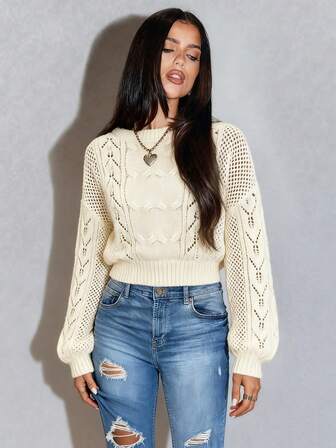 Elegant Fashionable Versatile Daily Solid Color Round Neck Hollow-Out Women Sweater, Spring/Summer New Arrival