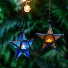 5-Pointed Star Windproof Candle Holder, Iron Colored Glass Lantern, Retro Candle Holder, Holiday Decor, Home Decor, Holiday Hanging Decor, Ornament, Outdoor Garden Decor. Essential For Restaurant Decoration, Creating A Holiday Party Atmosphere.