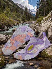 Kids Summer New Aqua Shoes, Fashionable Print, Breathable Mesh Upper, Low-Top Hook And Loop Closure, Quick-Dry Barefoot, Girls Beach/Swimming Shoes, Rubber Non-Slip Sole, Outdoor Cycling, Indoor Fitness Yoga Running Jumping Multifunctional Training Shoes - Mauve Purple - View 3