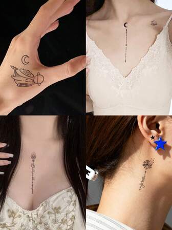 20片装纹身贴纸，Y2K简约小图案，花朵、星星、几何图案，防水防汗，一次性使用，适用于女性和成人，可贴于脸部、手臂、腰部、胸部、腿部、腹部、颈部、手部、手指、背部，适合舞蹈派对舞台表演，现代主义人体彩绘。