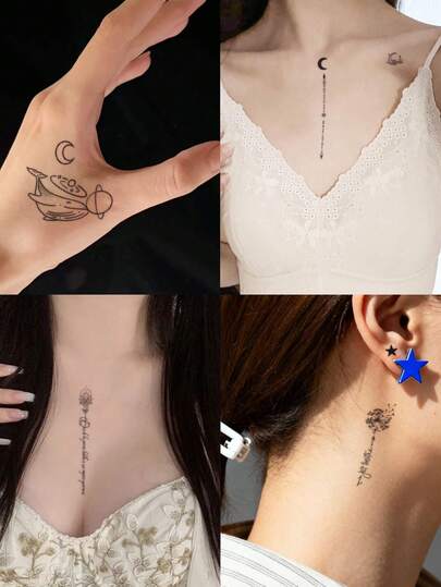 20片装纹身贴纸，Y2K简约小图案，花朵、星星、几何图案，防水防汗，一次性使用，适用于女性和成人，可贴于脸部、手臂、腰部、胸部、腿部、腹部、颈部、手部、手指、背部，适合舞蹈派对舞台表演，现代主义人体彩绘。