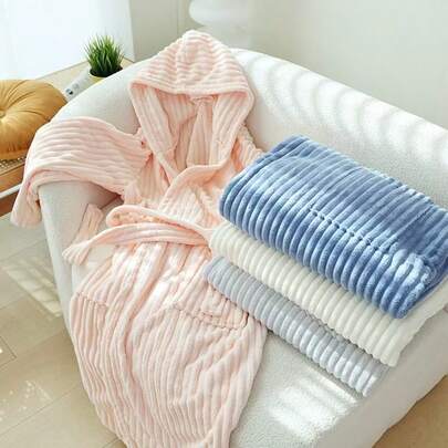 Coral Fleece Candy Striped Women's Hooded Bathrobe, Loose Long Robe For Autumn/Winter, Casual Home Sleepwear, Lightweight Soft Warm Comfortable Absorbent Quick-Dry Fabric, Suitable For Bathroom Bedroom Pool Daily Home Hotel Travel