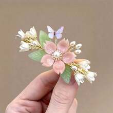 Super Fairy New Chinese-Style Flower Hairpin, Ancient-Style Butterfly Pearl Half-Up Back-Pressing Spring Clip, Hanfu Hair Accessory, Hairpin Accessory - 蝴蝶花朵彈簧夾 - 查看 4