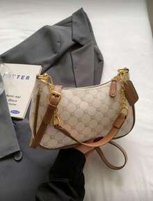 1pc Women's Solid Color PU Shoulder Bag, Versatile Underarm Bag For Work Commute, Adjustable Strap Crossbody Chain Bag, Underarm Tote Handbag With Foil Letter - 棕色 - 查看 3