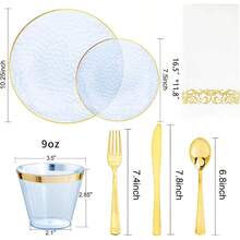 175 Pcs Plastic Dinnerware Set For 25 Guests Gold Plates Hammered Party Dinner Dessert Cups Cutlery Napkins White And Gold 200 - 210 Characters - 175 Pcs (25 Guests) + Clear Blue - View 3