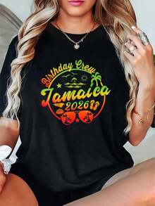 Jamaica Birthday Crew 2026 Vacation Birthday Trip Cruise T-Shirt - 100% Cotton Graphic Tees Women, Summer Clothes - 黑色 - 查看 6