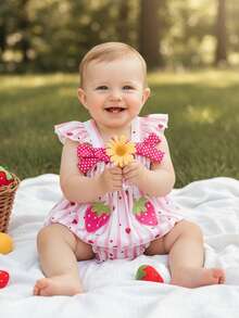 Baby Girls Shorts Set, Strawberry Stripes Print Sleeveless Camisole With Elastic Waist Shorts Summer Outfit - Pink - View 2
