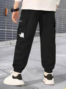 1pc Tween Boy Casual Outdoor Pocket Cartoon Print Cargo Pants, Spring/Summer/Autumn - Black - View 5