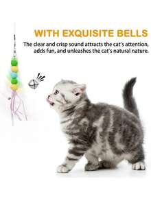 1 pieza Juguete interactivo de varilla para atraer gatos, repuesto de plumas artificiales y campanas para productos atrapadores de mascotas, adecuado para ejercicio y entretenimiento de gatos, varilla de juego manual, con varios insectos para reemplazar el cabezal - Multicolor - Ver 6