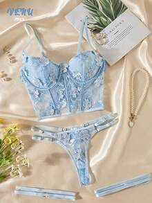 3 Piece Three-Dimensional Lace Embroidered Flower Corset, Translucent Mesh Cross Tie Design Women's Steel Ring Bra Set, Corset Top And Underpants +Leg Strap Three Piece Set, Women's Underwear Set, Is The Perfect Gift For Dating And Give To Sisters - Baby Blue - View 1