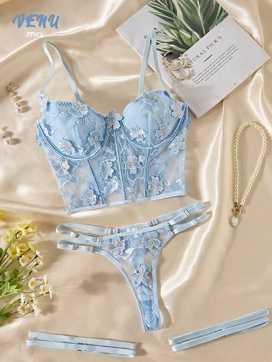 3 Piece Three-Dimensional Lace Embroidered Flower Corset, Translucent Mesh Cross Tie Design Women's Steel Ring Bra Set, Corset Top And Underpants +Leg Strap Three Piece Set, Women's Underwear Set, Is The Perfect Gift For Dating And Give To Sisters - Baby Blue - View 1