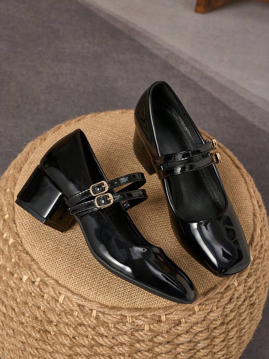 复古玛丽珍鞋，时尚方头低跟一脚蹬鞋，适合度假、旅行、购物、户外活动等多种场合，性感复古休闲黑色玛丽珍鞋 - 黑色 - 查看 1