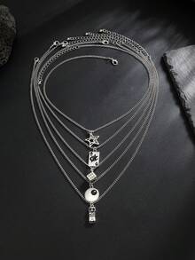 5pcs Fashionable Punk Star Necklaces, Men's Personalized Charm Geometric Pendant Necklaces, Suitable For Daily Wear And Parties, Can Be Worn Separately, Couple Necklaces, Holiday & Birthday Gifts, Star Necklaces - Silver - View 4