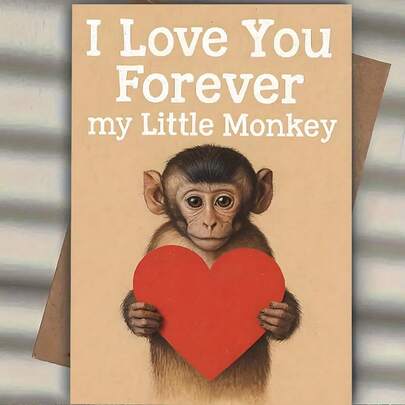 1pc Cute Monkey Valentine's Day Greeting Card - Beige Background, Red Heart Pattern, "I Will Love You Forever, My Little Monkey" Romantic Birthday/Anniversary/Holiday Card - An Easy-To-Send Love Letter For Your Couples, Gift For Your Beloved. (12x17cm)/(4.72x6.7in)
