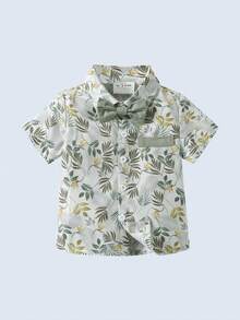 BOARNSEORL 2 件套年轻男孩绅士套装 - 短袖领衬衫配领结和吊带短裤，时尚休闲西装，适合生日派对、婚礼和正式场合 - 綠色 - 查看 6