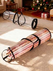 1pc Transparent Gift Packaging Storage Bag, Holiday Paper Tube Storage Bag, PVC Packaging Paper Storage Bag With Zipper And Handle, Portable Tubular Container, Transparent Christmas & New Year Gift Packaging Storage Container, Large Capacity With Pocket, Foldable Packaging Paper Storage Rack - Black - View 2