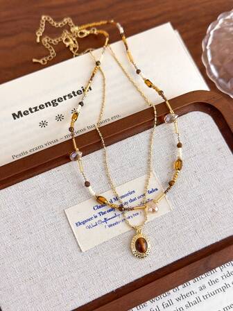 1pc Elegant Tiger Eye Stone Double Layer Choker Necklace For Women, Sophisticated Sweater Chain Necklace
