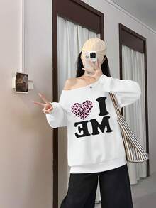 Heart & Letter Print Asymmetric Neck Sweatshirt For Women, Casual Street Style Loose Fit White Oblique Shoulder Top, Autumn/Winter - White - View 2