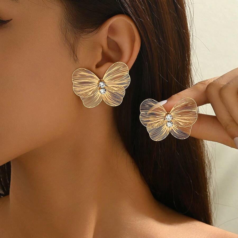 1 Đôi bông tai hình bướm thanh lịch, tinh tế, phù hợp để đeo hàng ngày cho phụ nữ - Vàng - Xem 1