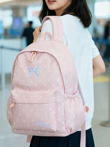 1 PC Pink Dot Embroidered Bow Backpack Travel Versatile Cute Style,Multifunctional And Large Capacity Fashionable And Casual Large Capacity Portable Zipper School Bags,Travel Storage Stationery Storage,Vacation Essentials Satchel, Suitable For Earphones, Chargers, Lipstick, Cosmetics, Perfume, Skin Care And Beauty Products, Nurses, Students, Keys, Holiday Gifts - 粉色 - 查看 9