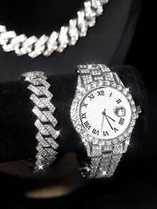 3 PiecesMen's Fashion Quartz Watch Set With Rhinestones, Calendar Roman Numeral Dial Wristwatch, Includes Bracelet And Necklace, Suitable For Daily Life, Parties, And Father's Day Gift - Silver - View 4